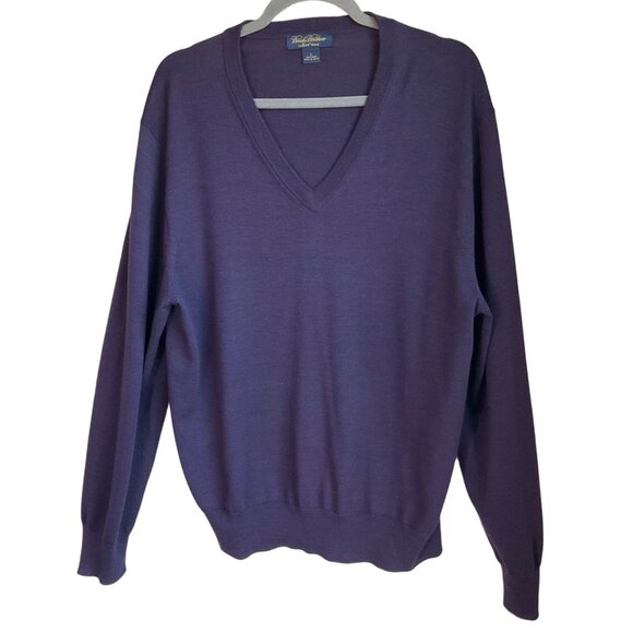 Brooks Brother's Mens Large Sweater Pullover Purple V neck Saxxon Wool Minimali - Picture 1 of 10